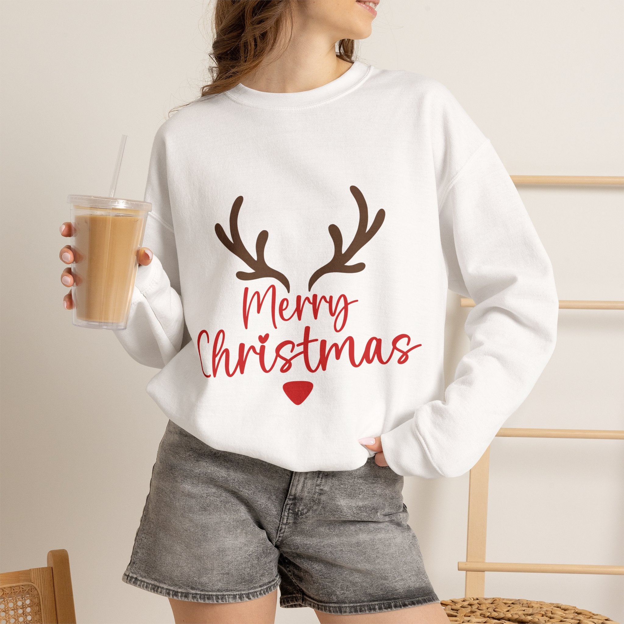 Reindeer Antlers Merry Christmas Sweatshirt | Holiday Christmas Crewneck