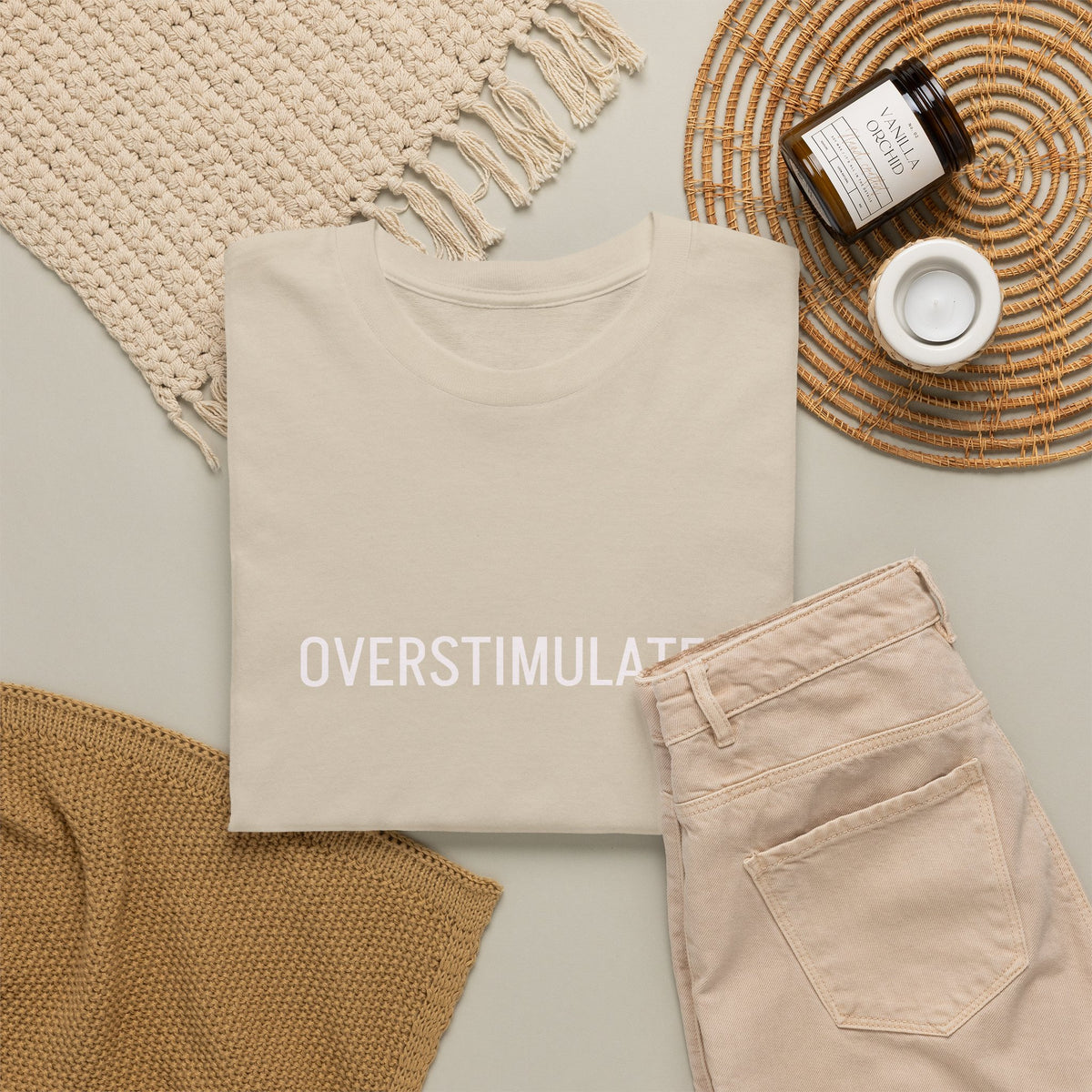 Overstimulated Graphic Tee — Minimal Text Black T-Shirt