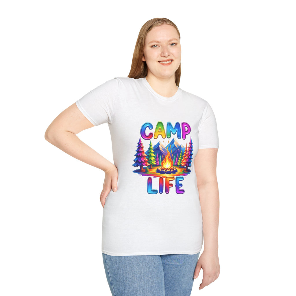 Camp Life colorful campsite T-Shirt | rainbow trees, mountains, campfire