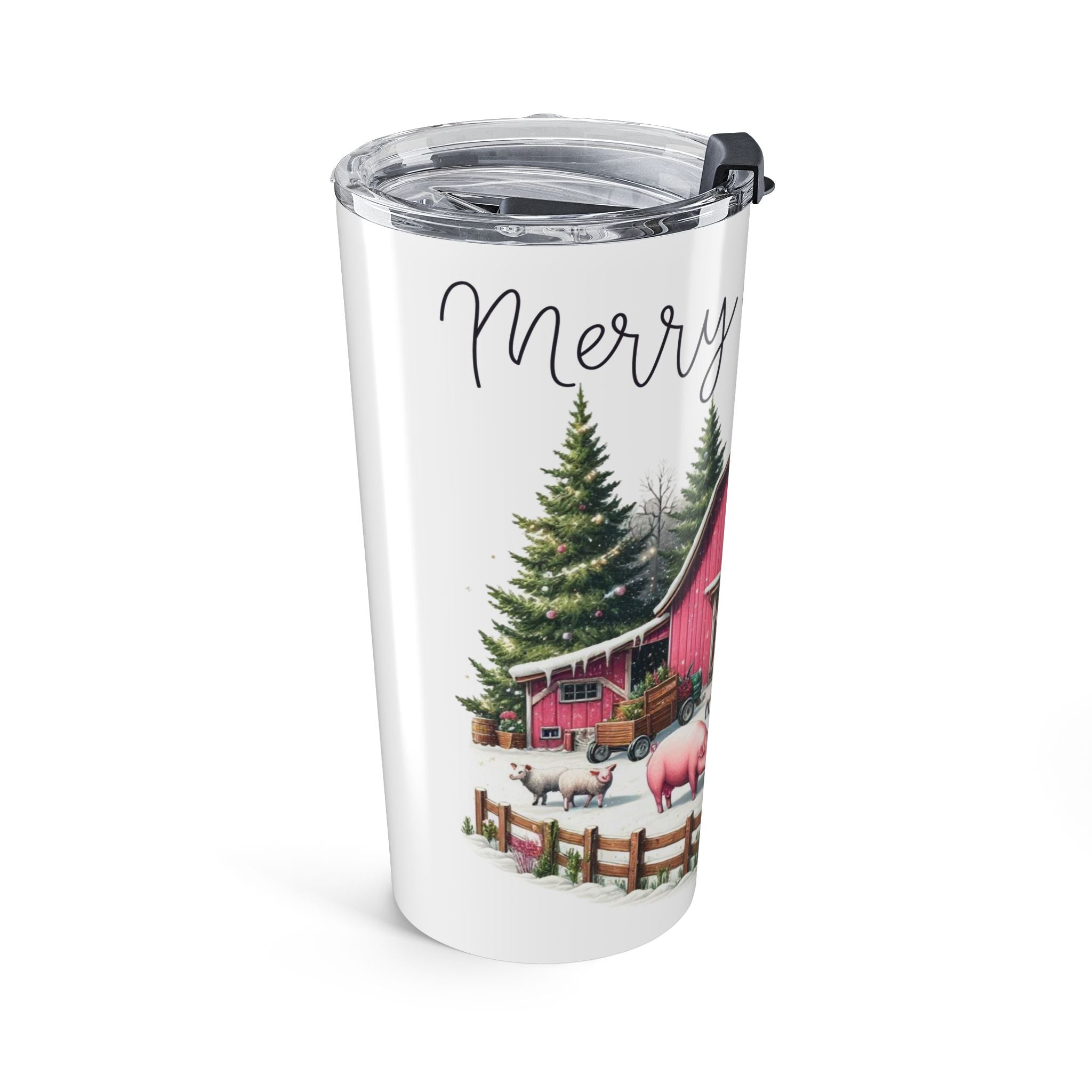 Farmhouse Christmas Barn Tumbler 20oz | Pink Barn, Tractor, Winter Farm Scene