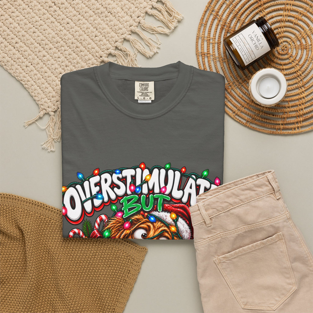 Overstimulated But Festive T-Shirt — Funny Holiday Dog Christmas Tee