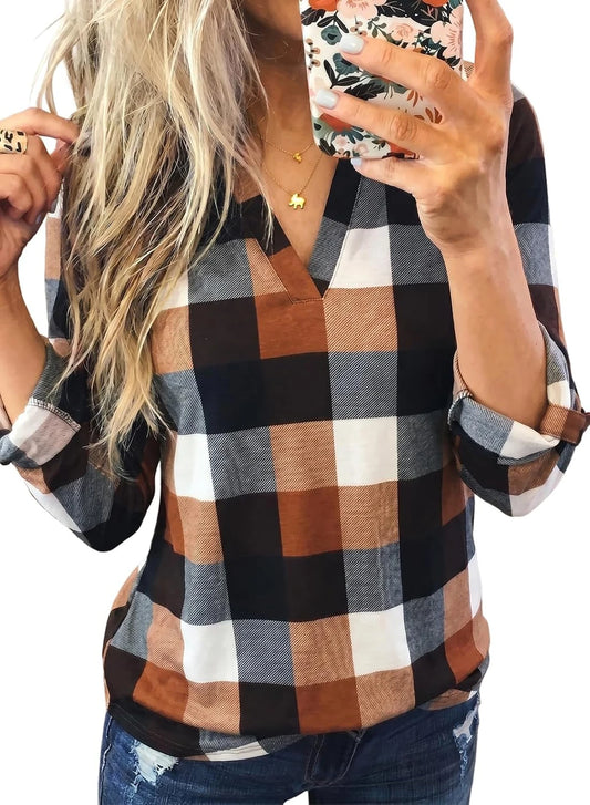 Dokotoo Plaid Cotton Cuffed Sleeve Blouse