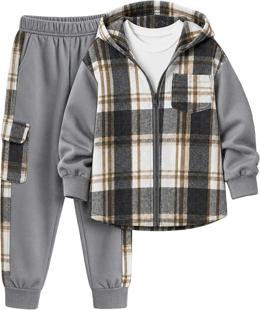 Boys Plaid Hooded Outfit