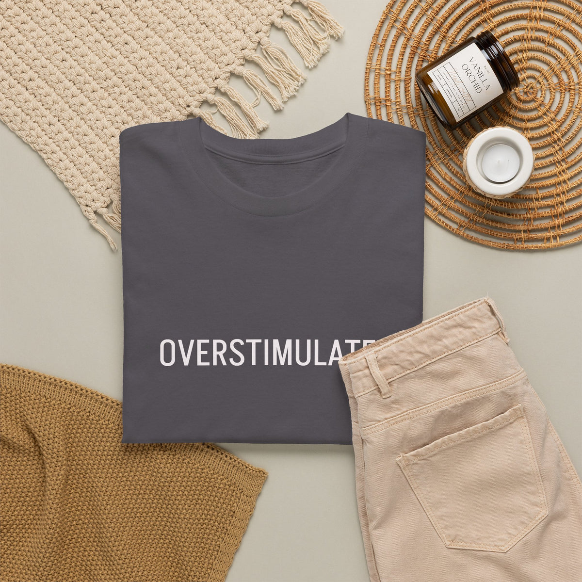 Overstimulated Graphic Tee — Minimal Text Black T-Shirt