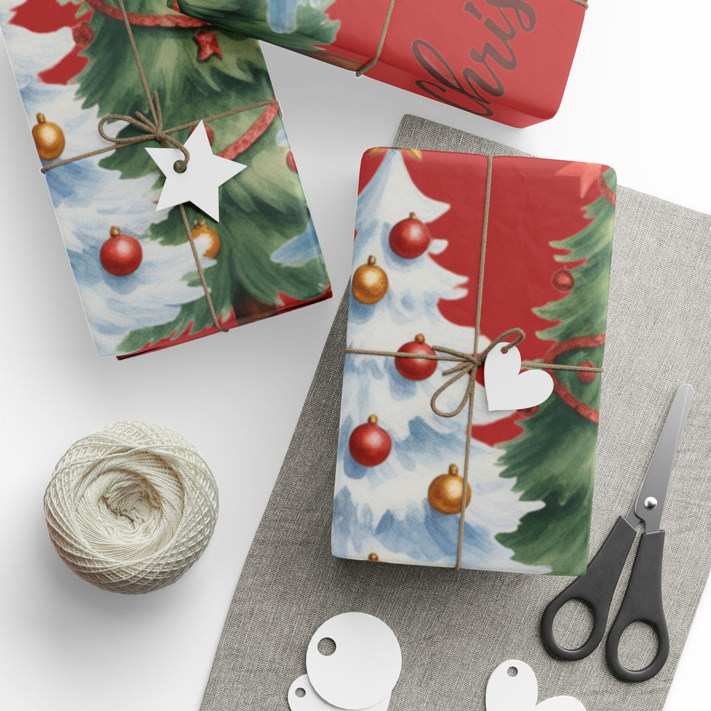 Christmas Trees Wrapping Paper | Merry Christmas Red Holiday Wrap
