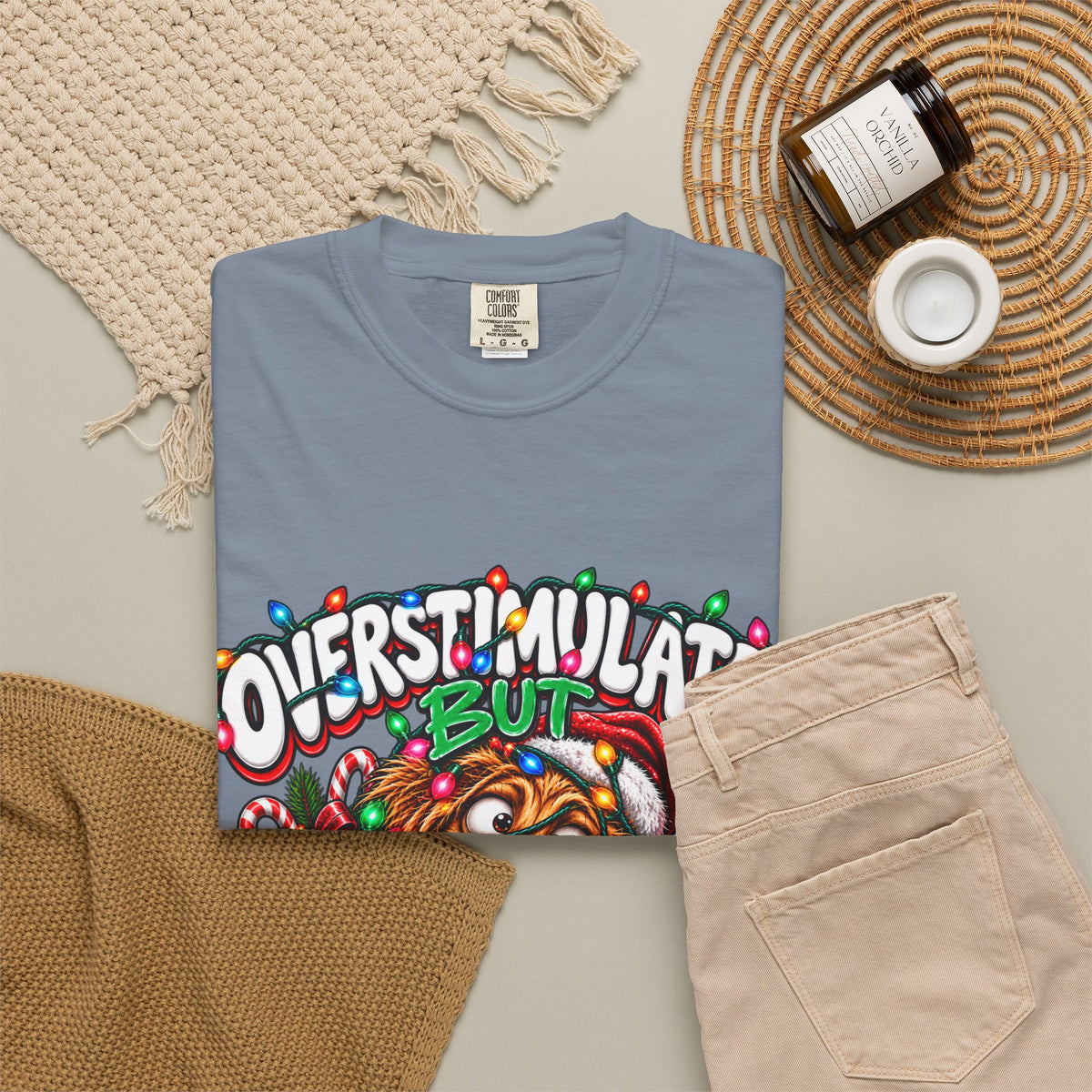 Overstimulated But Festive T-Shirt — Funny Holiday Dog Christmas Tee