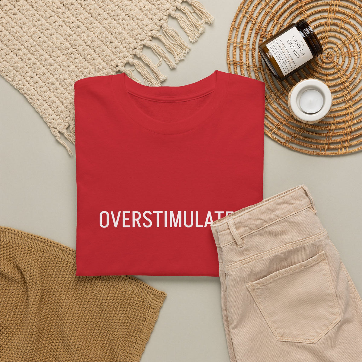 Overstimulated Graphic Tee — Minimal Text Black T-Shirt