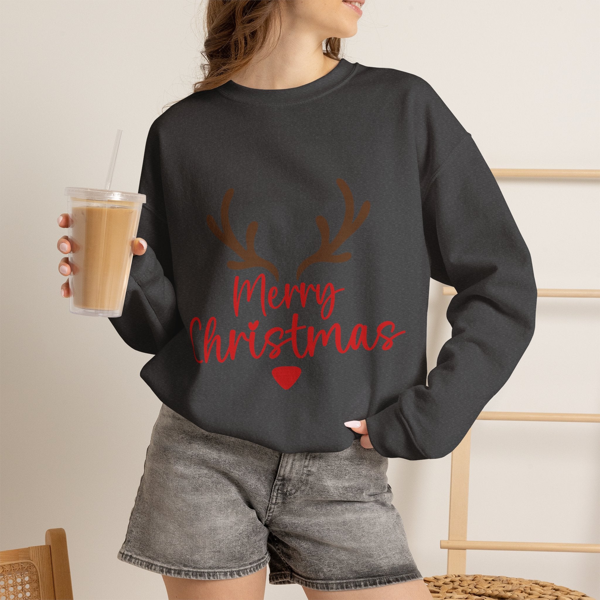 Reindeer Antlers Merry Christmas Sweatshirt | Holiday Christmas Crewneck