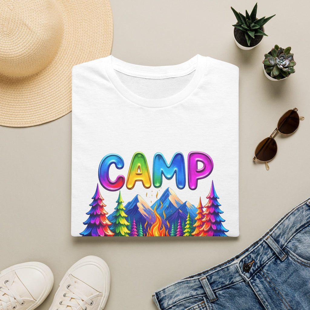 Camp Life colorful campsite T-Shirt | rainbow trees, mountains, campfire