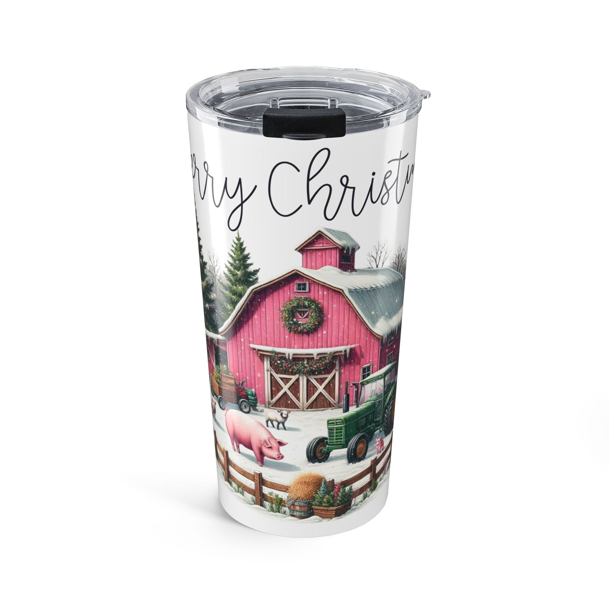 Farmhouse Christmas Barn Tumbler 20oz | Pink Barn, Tractor, Winter Farm Scene