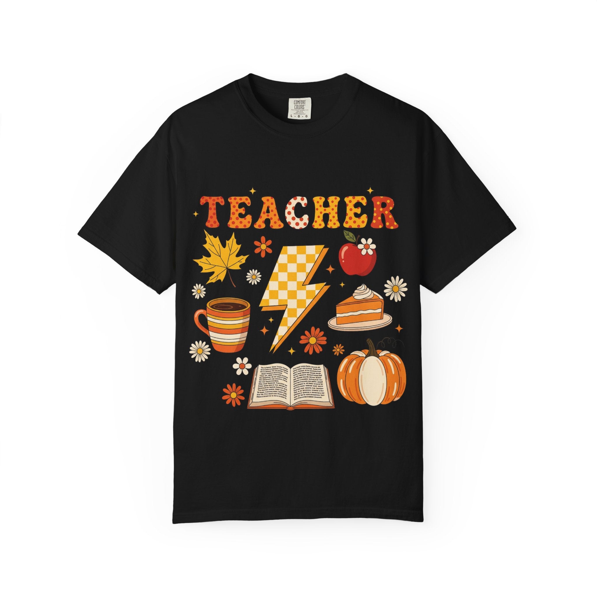 Fall Teacher Lightning Bolt T-shirt | Pumpkin, Apple, Coffee, Book