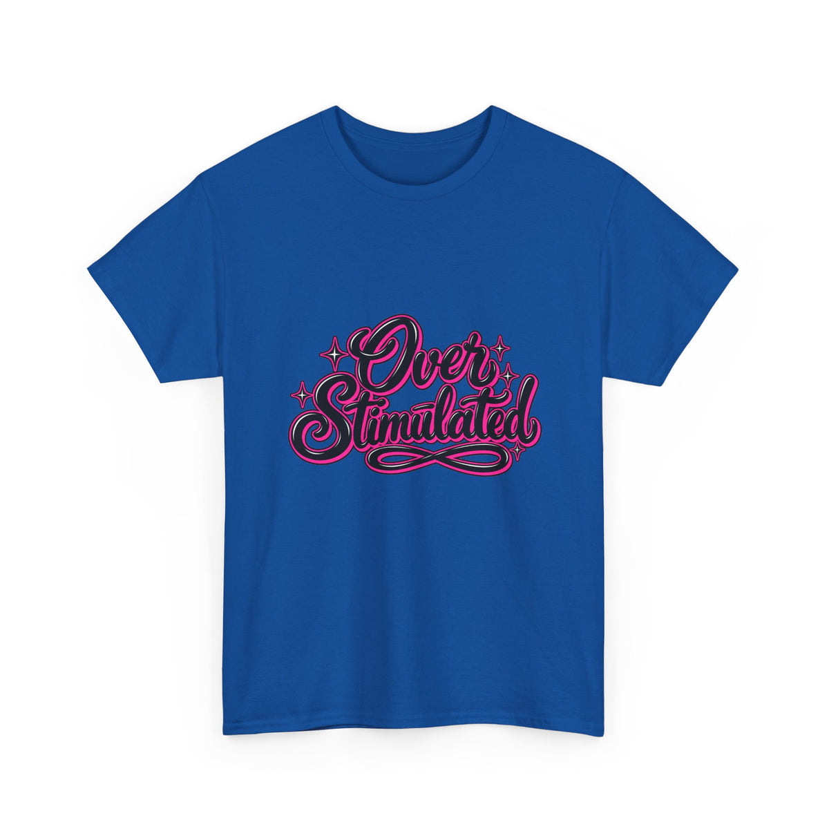 Overstimulated Graphic Tee — Retro Script Pink & Black Casual T‑Shirt