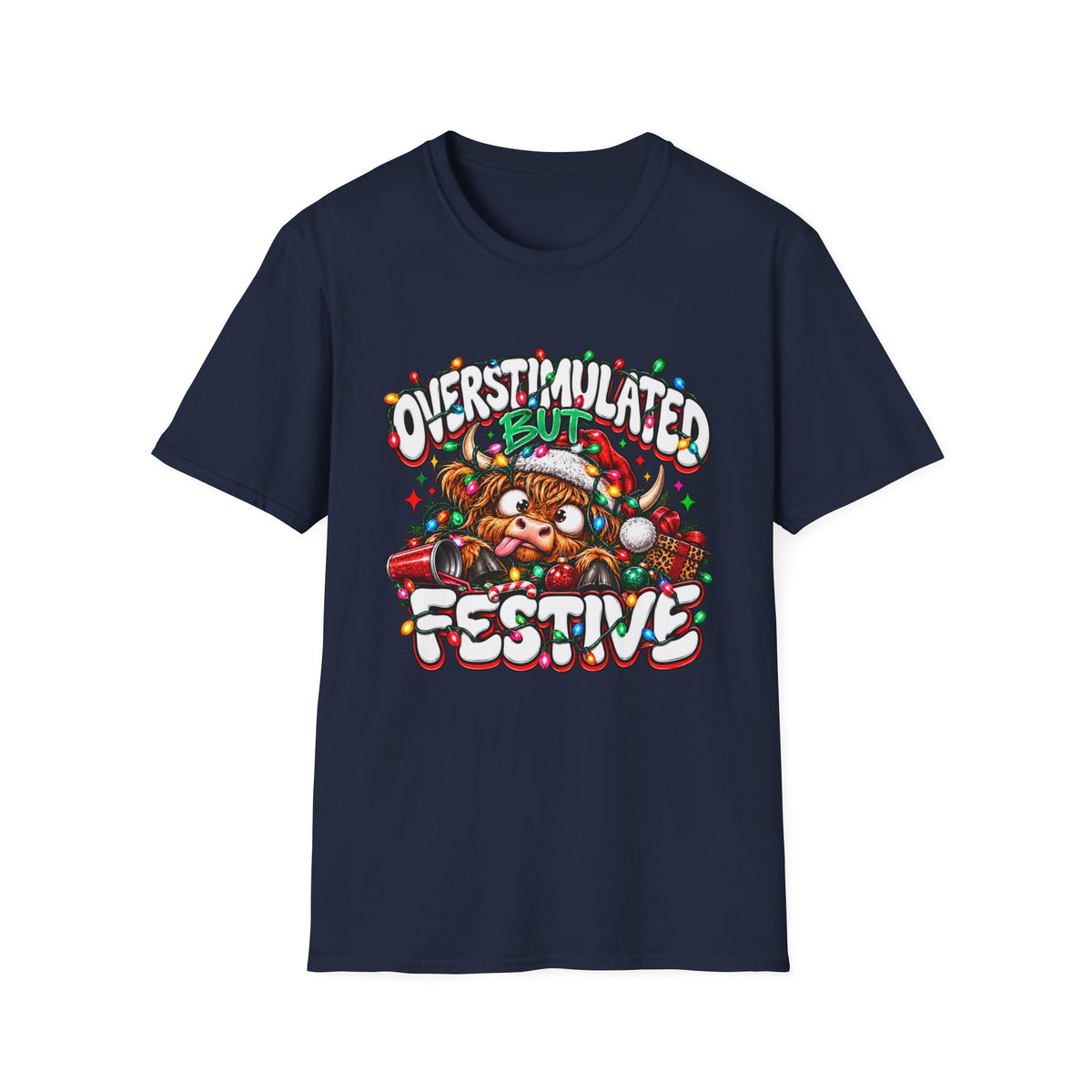 T-Shirt — "Overstimulated But Festive" Christmas Cat Holiday Tee