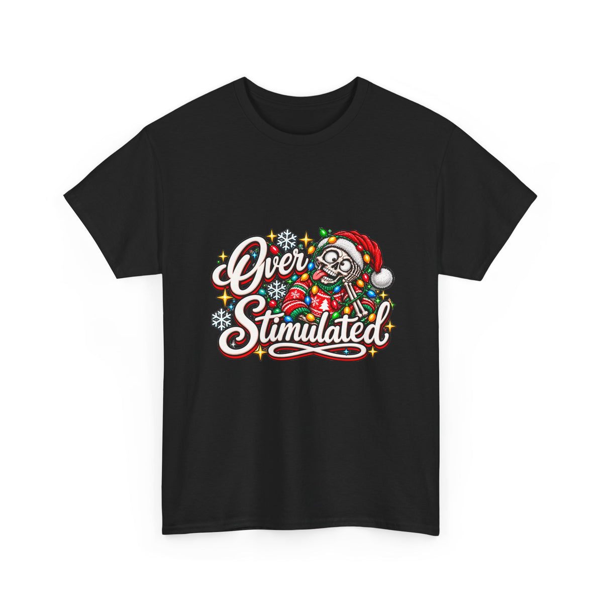Over Stimulated Christmas Tee — Funny Holiday Santa Candy Lights T-Shirt
