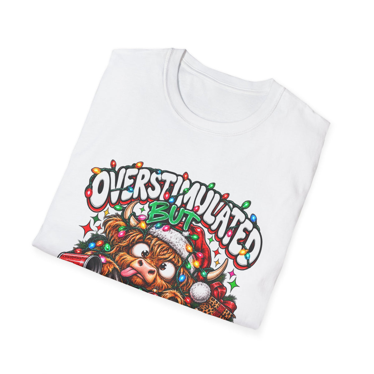 T-Shirt — "Overstimulated But Festive" Christmas Cat Holiday Tee