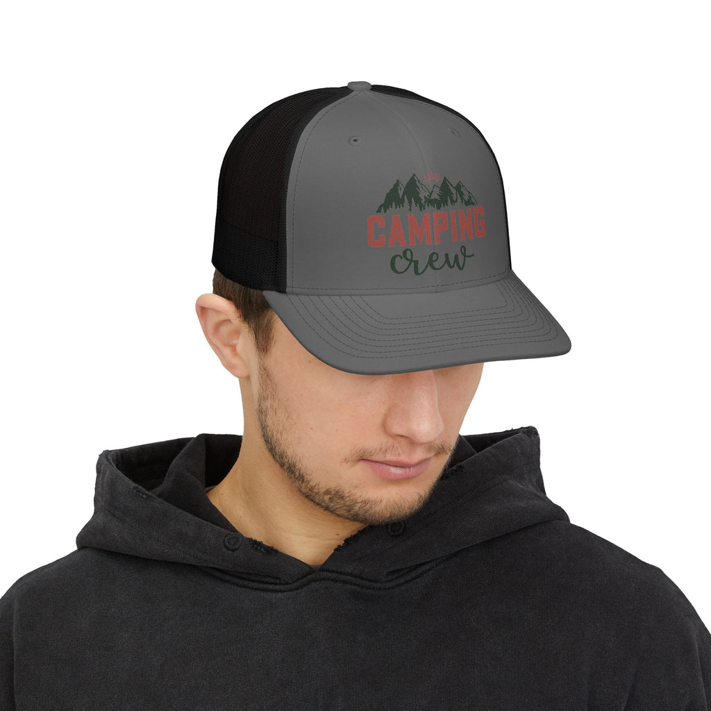 Camping Crew Snapback Trucker Cap — Mountain Graphic Hat for Outdoor Enthusiasts