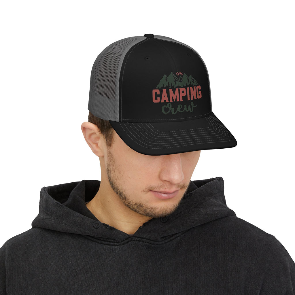 Camping Crew Snapback Trucker Cap — Mountain Graphic Hat for Outdoor Enthusiasts