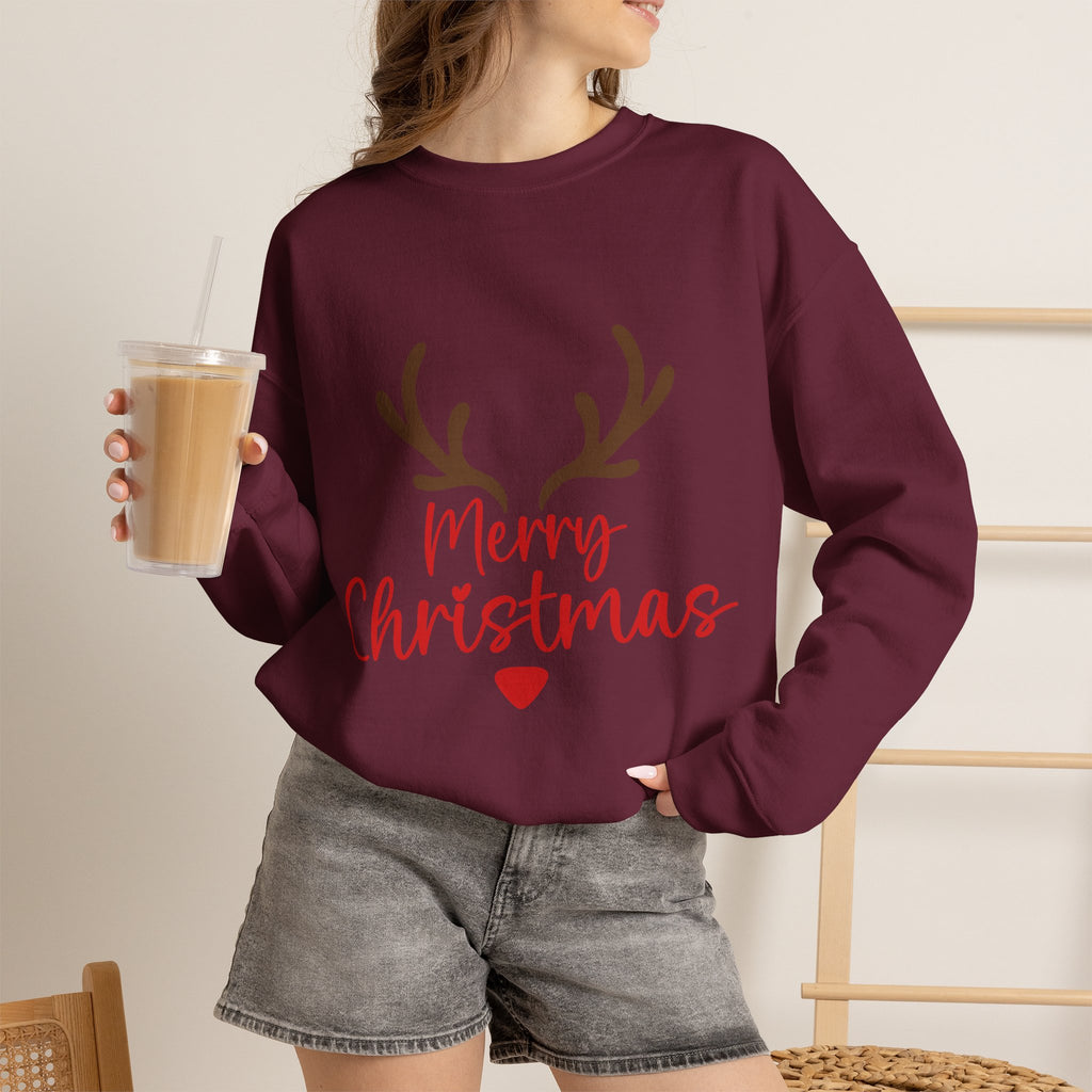 Reindeer Antlers Merry Christmas Sweatshirt | Holiday Christmas Crewneck