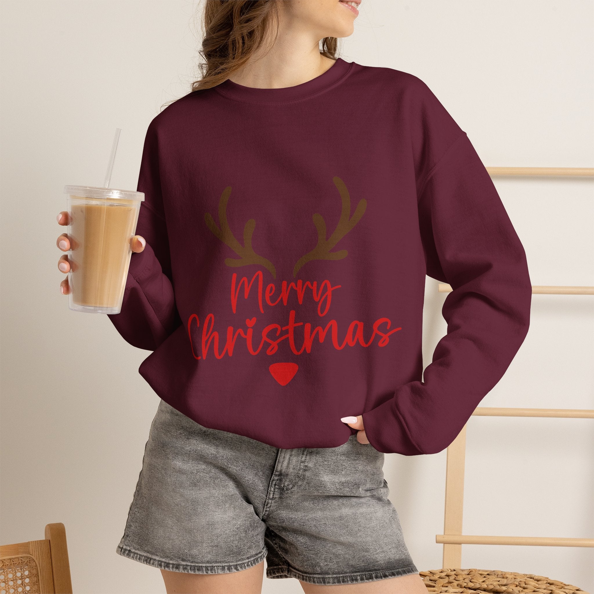 Reindeer Antlers Merry Christmas Sweatshirt | Holiday Christmas Crewneck