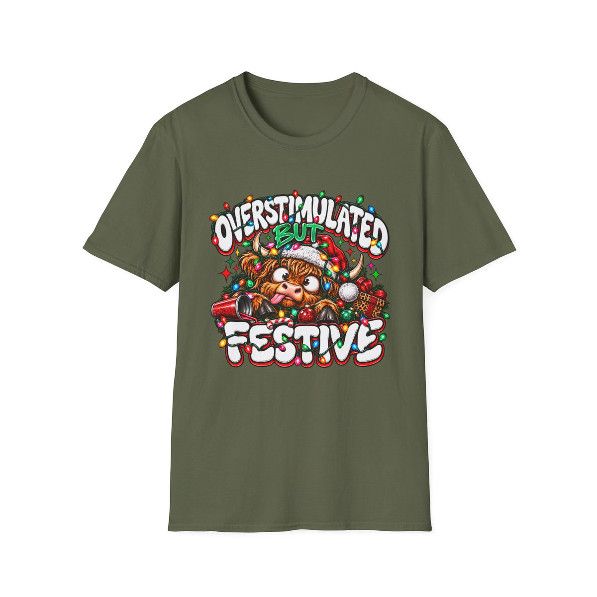 T-Shirt — "Overstimulated But Festive" Christmas Cat Holiday Tee
