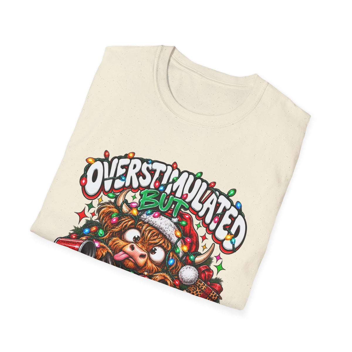 T-Shirt — "Overstimulated But Festive" Christmas Cat Holiday Tee