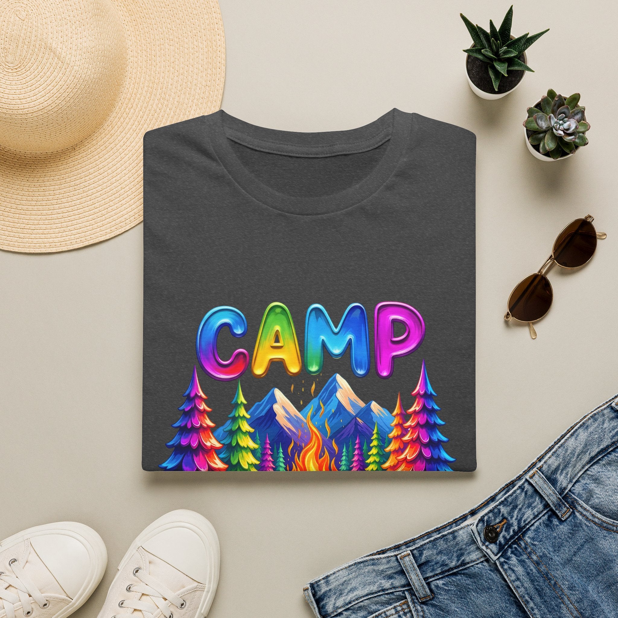 Camp Life colorful campsite T-Shirt | rainbow trees, mountains, campfire