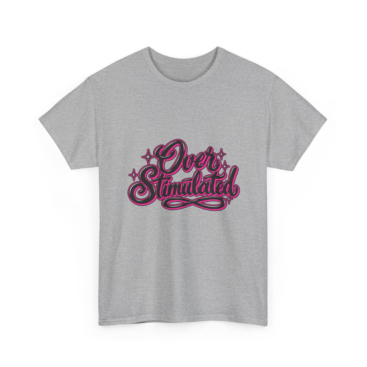 Overstimulated Graphic Tee — Retro Script Pink & Black Casual T‑Shirt