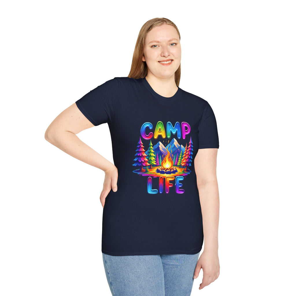 Camp Life colorful campsite T-Shirt | rainbow trees, mountains, campfire