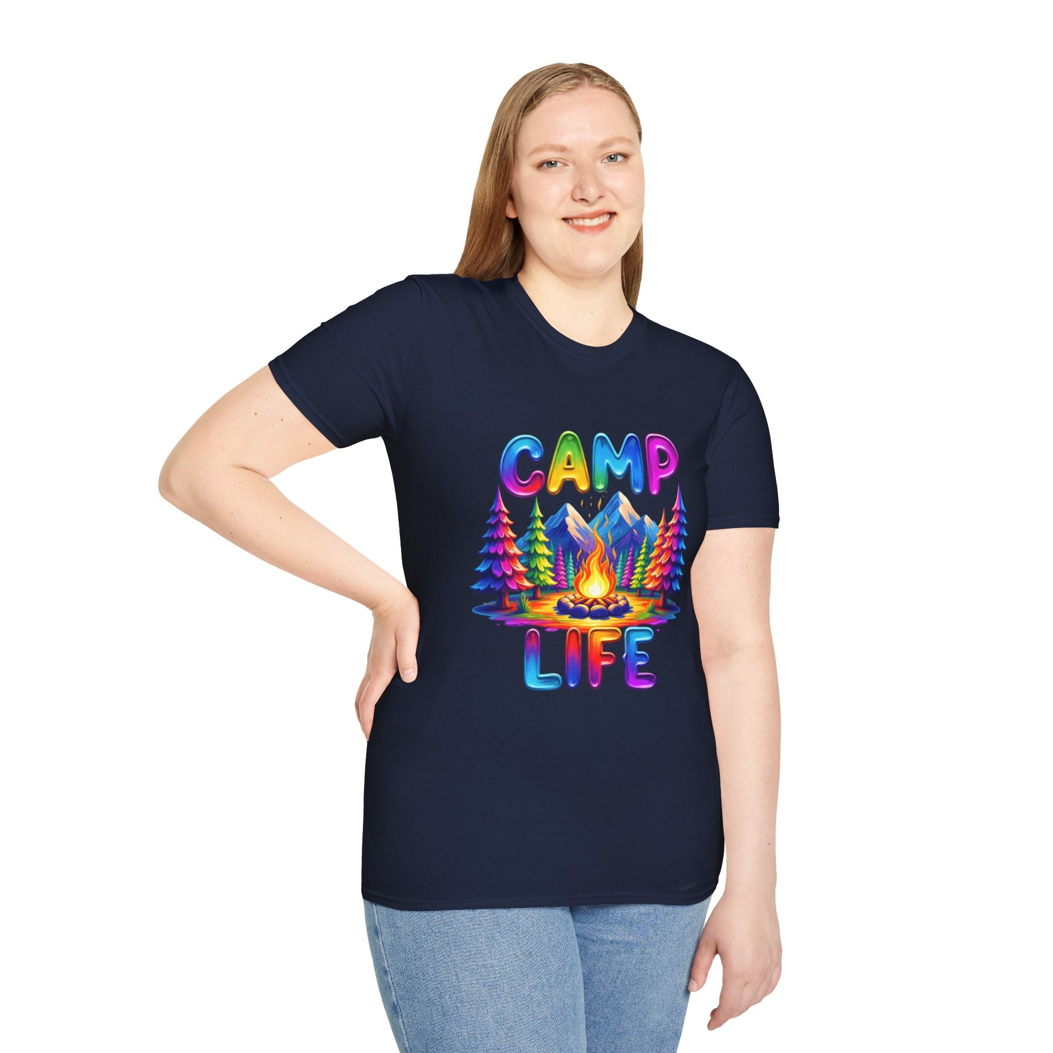 Camp Life colorful campsite T-Shirt | rainbow trees, mountains, campfire