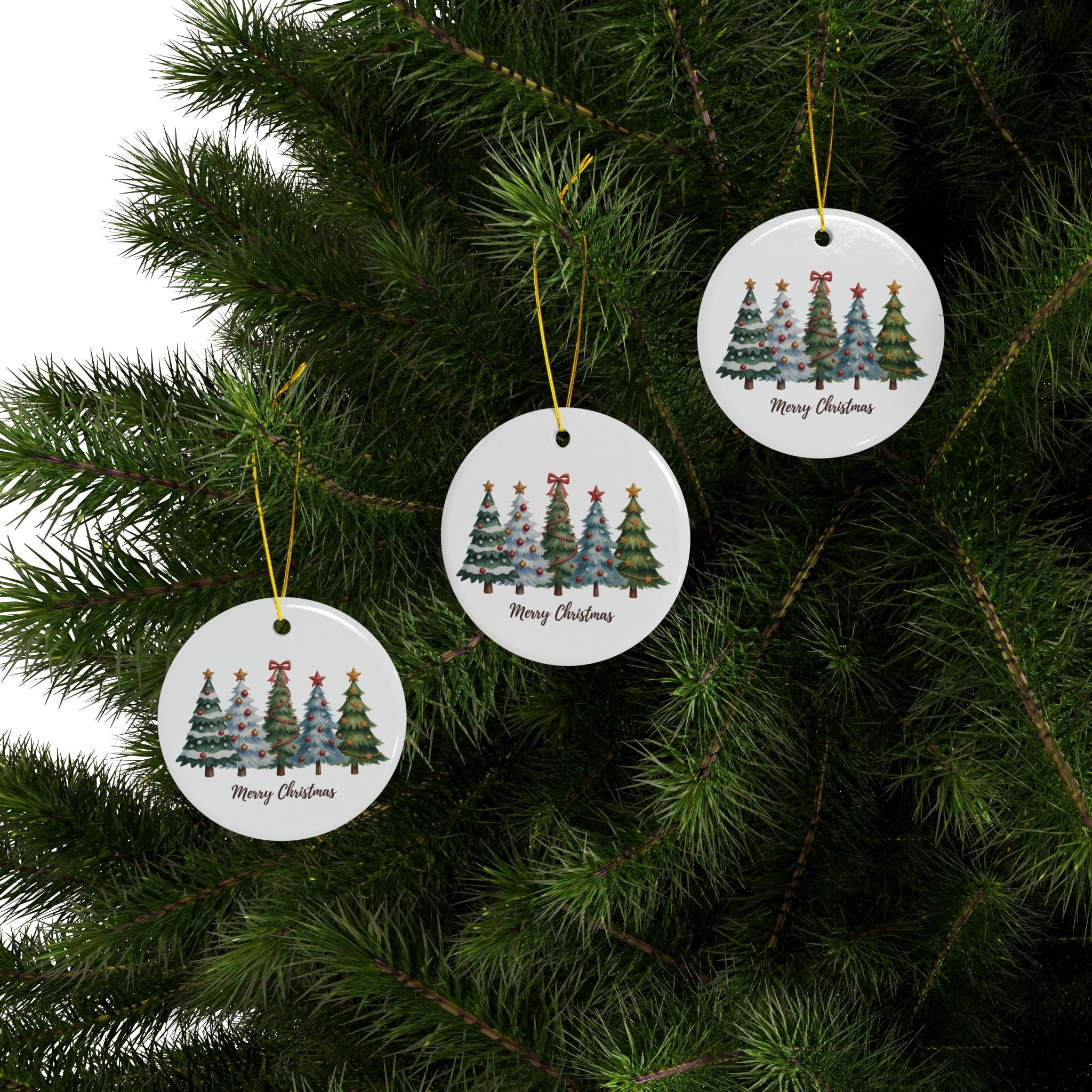 Merry Christmas Watercolor Pine Trees Ceramic Ornament