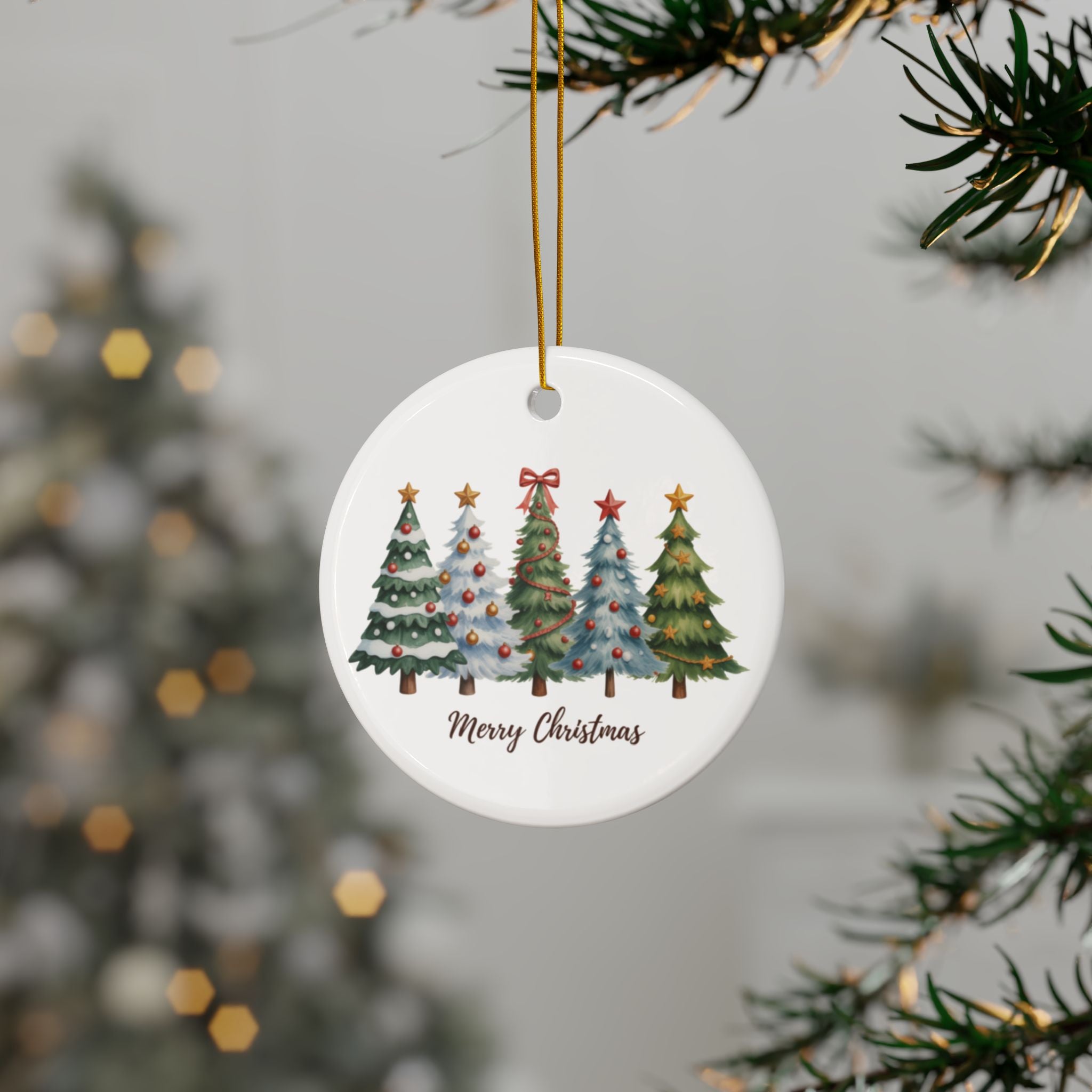 Merry Christmas Watercolor Pine Trees Ceramic Ornament