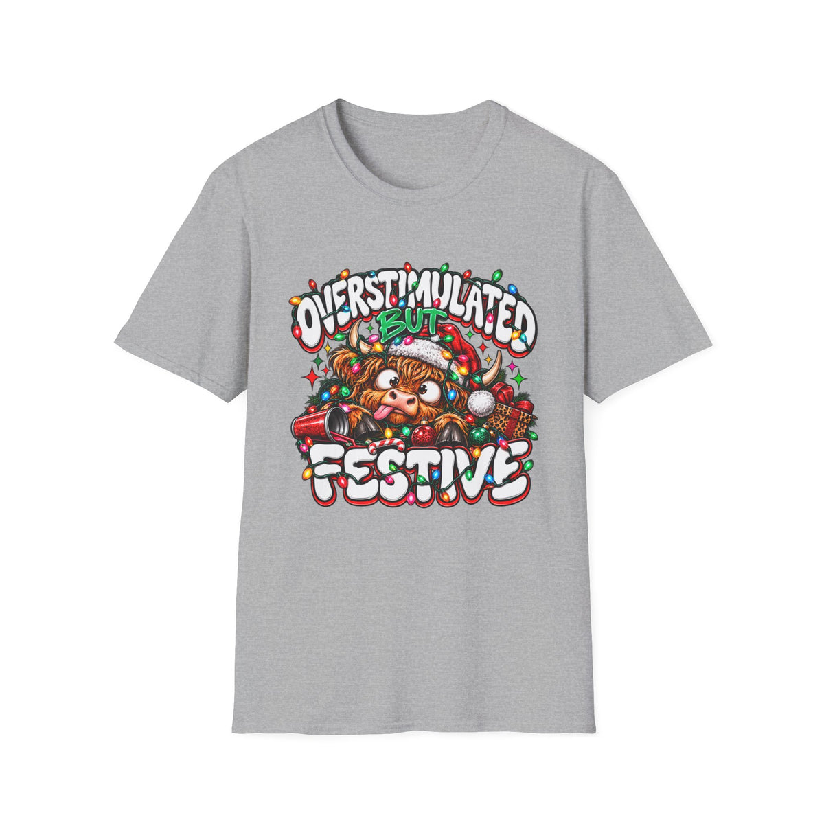 T-Shirt — "Overstimulated But Festive" Christmas Cat Holiday Tee