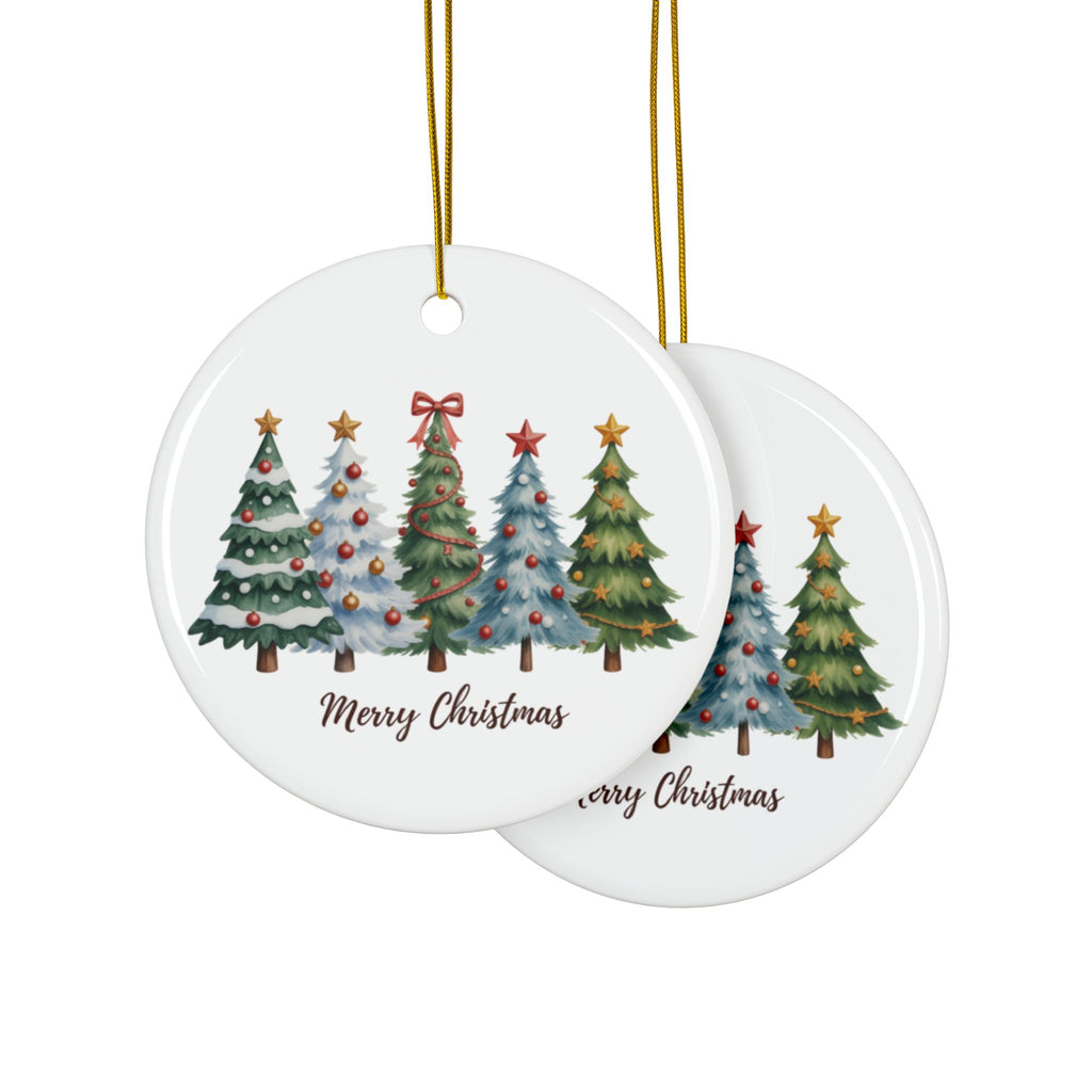 Merry Christmas Watercolor Pine Trees Ceramic Ornament