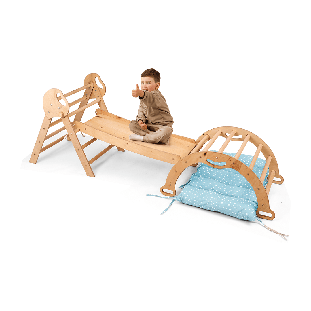 Montessori Pikler Triangle 4-in-1 Climbing Set for Toddlers – Triangle, Arch, Slide & Cushion