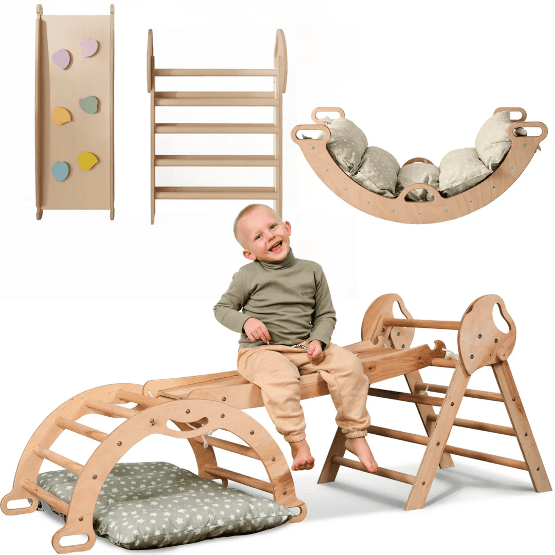 Montessori Pikler Triangle 4-in-1 Climbing Set for Toddlers – Triangle, Arch, Slide & Cushion