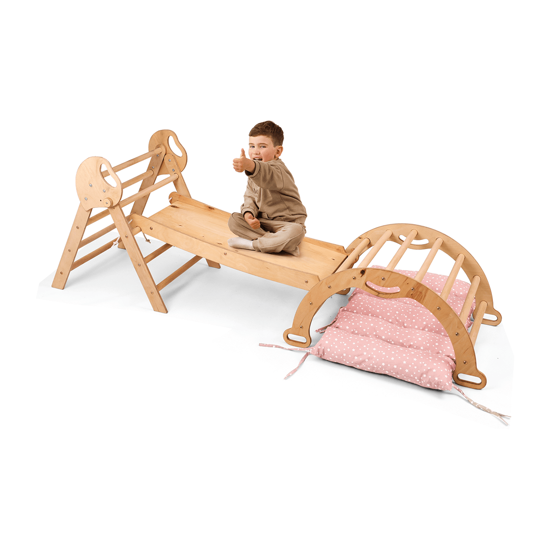 Montessori Pikler Triangle 4-in-1 Climbing Set for Toddlers – Triangle, Arch, Slide & Cushion