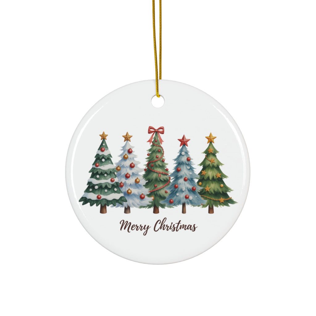 Merry Christmas Watercolor Pine Trees Ceramic Ornament