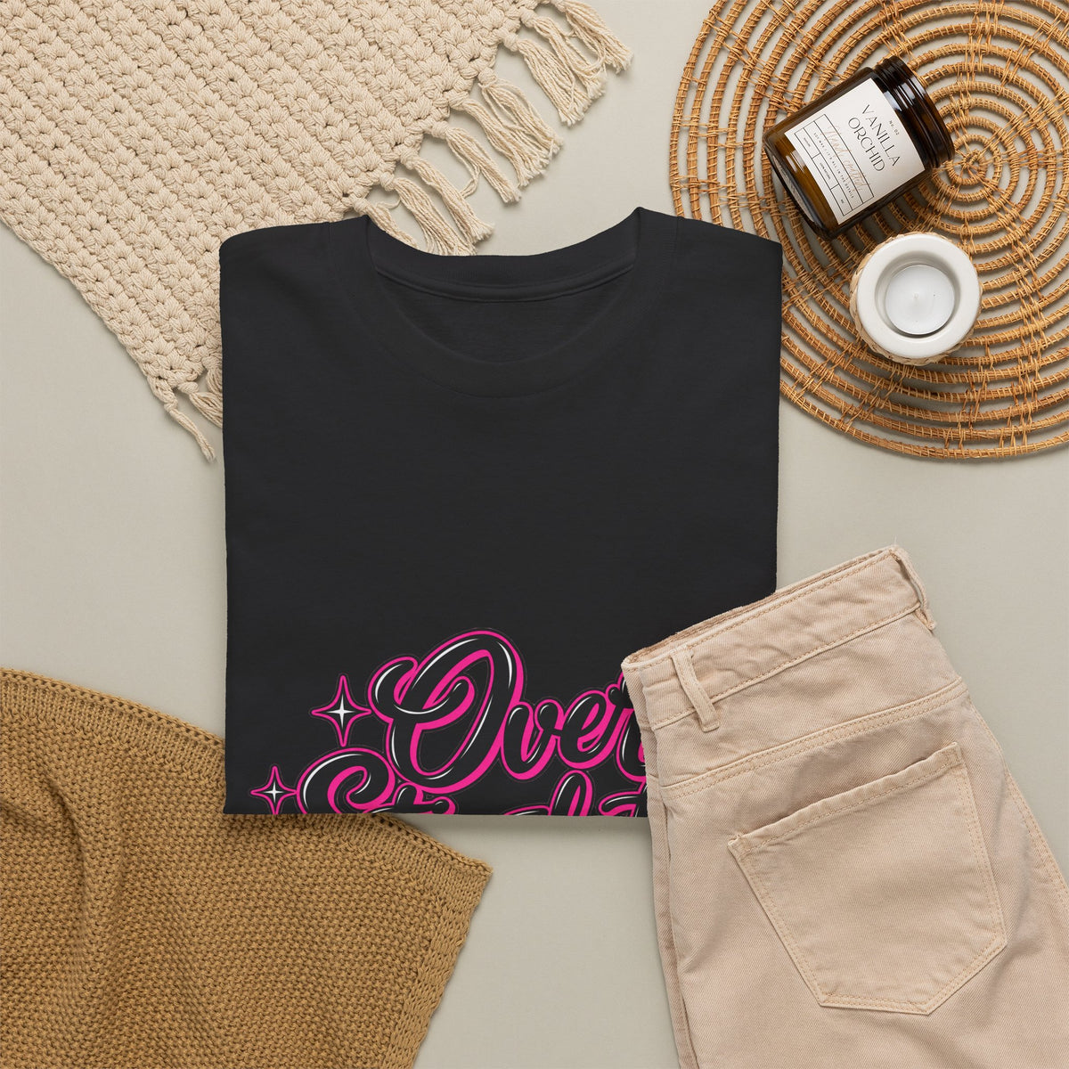 Overstimulated Graphic Tee — Retro Script Pink & Black Casual T‑Shirt