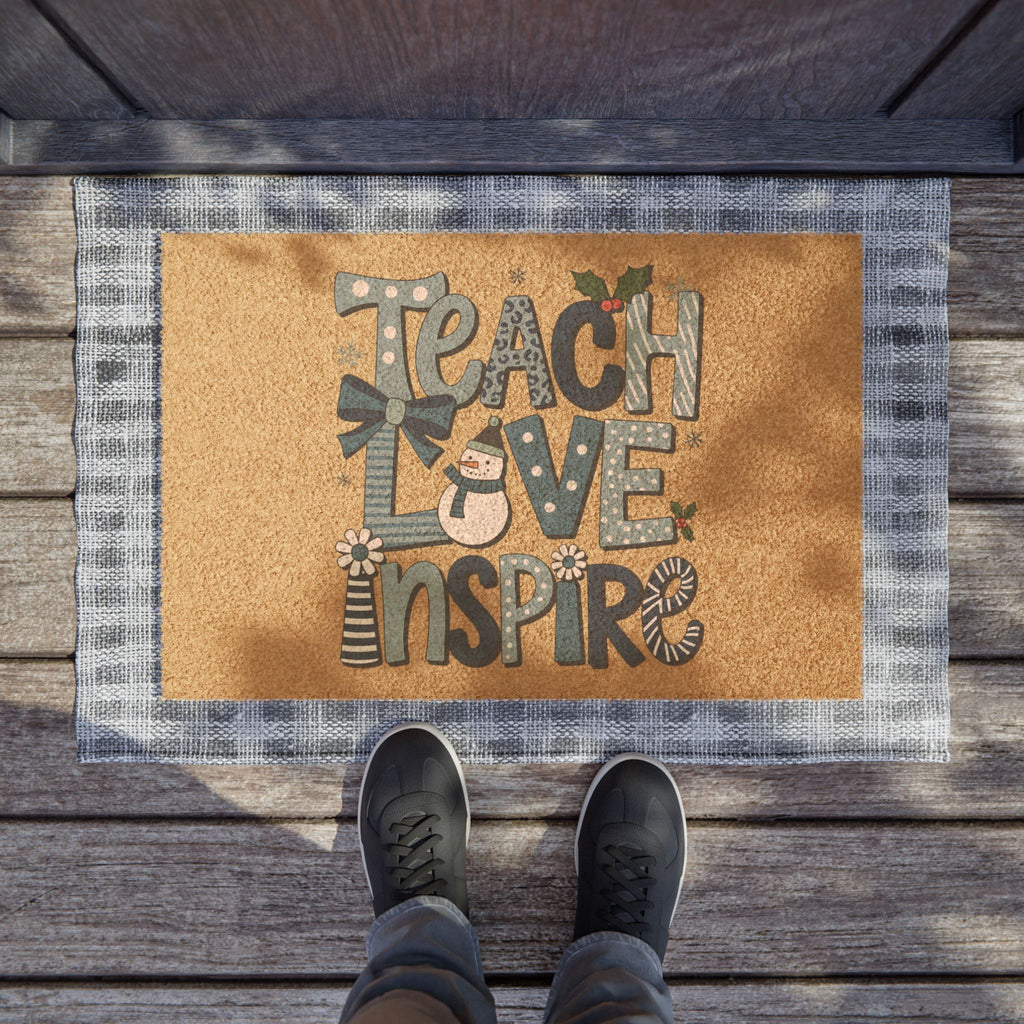 Teach Love Inspire Doormat | Coir Welcome Mat with Snowman and Holly