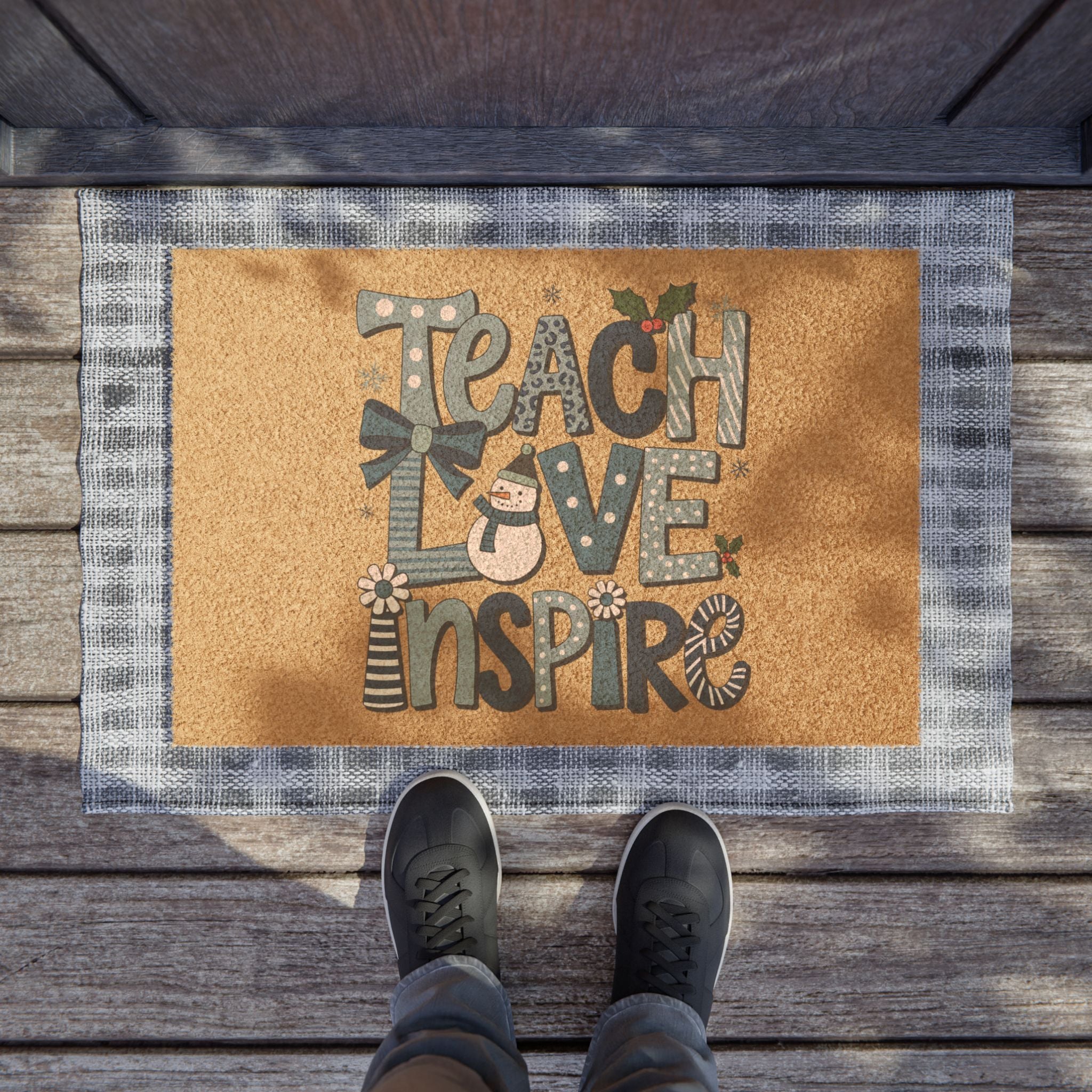 Teach Love Inspire Doormat | Coir Welcome Mat with Snowman and Holly