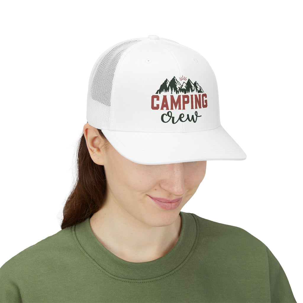 Camping Crew Snapback Trucker Cap — Mountain Graphic Hat for Outdoor Enthusiasts