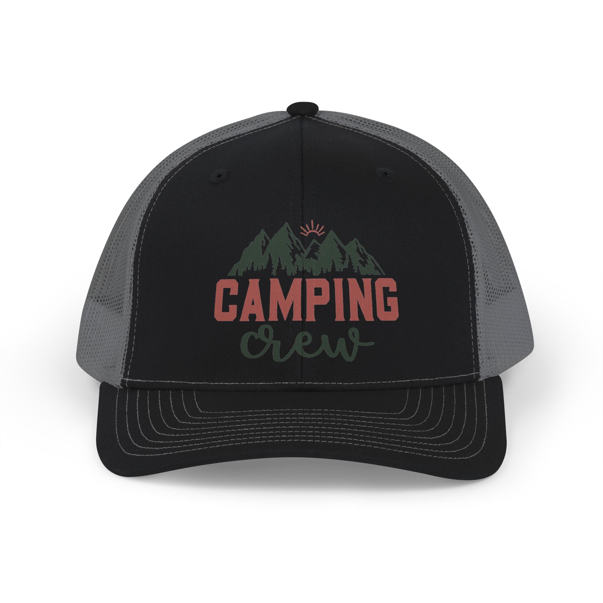 Camping Crew Snapback Trucker Cap — Mountain Graphic Hat for Outdoor Enthusiasts