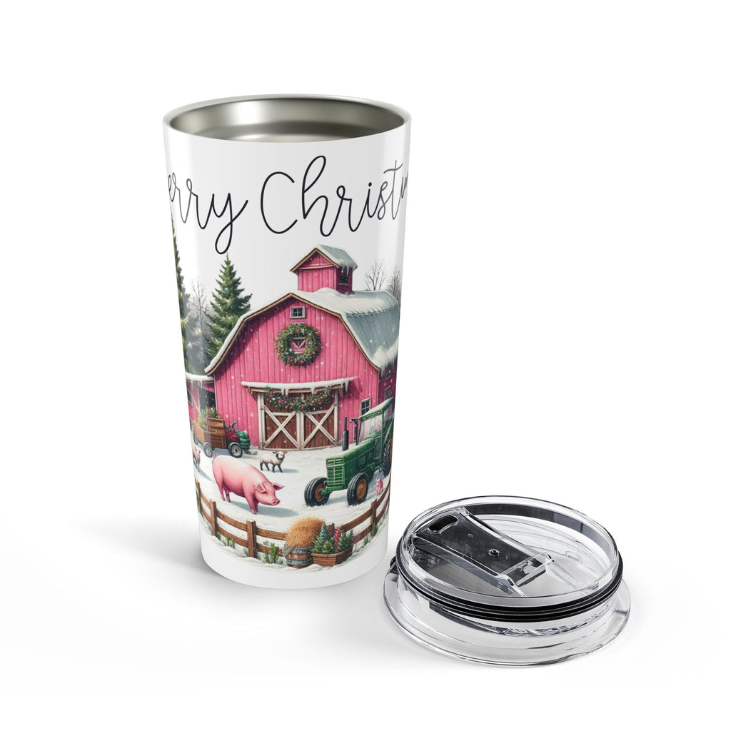 Farmhouse Christmas Barn Tumbler 20oz | Pink Barn, Tractor, Winter Farm Scene