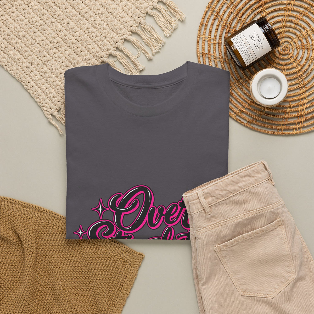 Overstimulated Graphic Tee — Retro Script Pink & Black Casual T‑Shirt