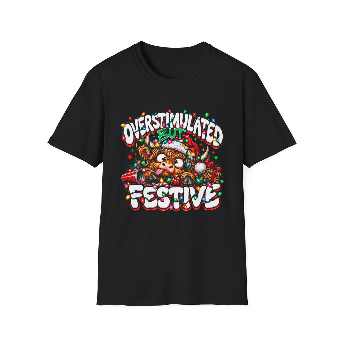 T-Shirt — "Overstimulated But Festive" Christmas Cat Holiday Tee