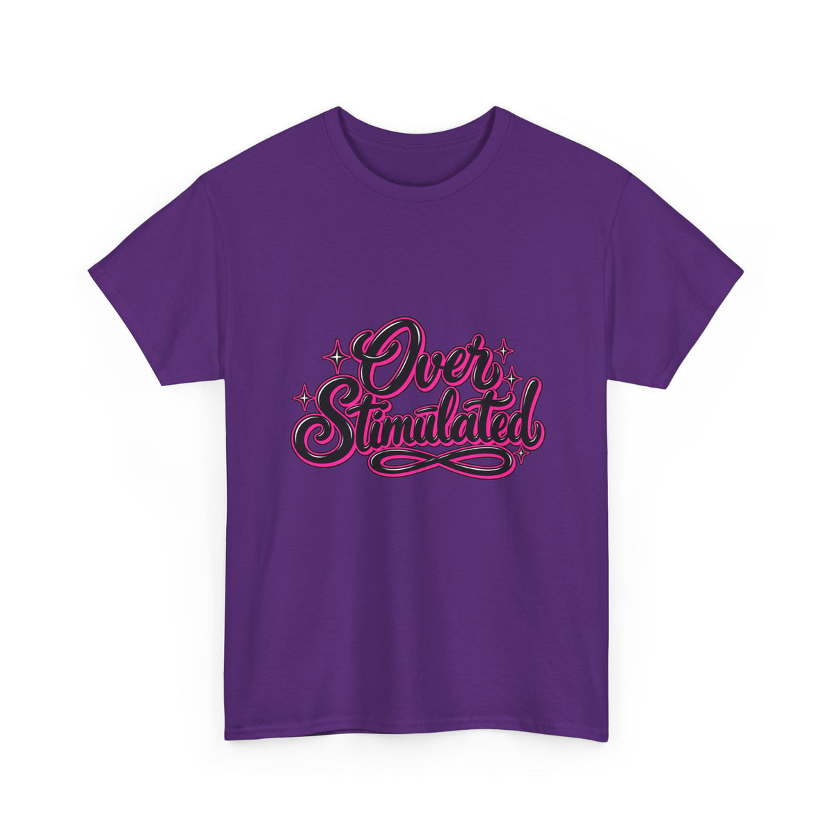 Overstimulated Graphic Tee — Retro Script Pink & Black Casual T‑Shirt