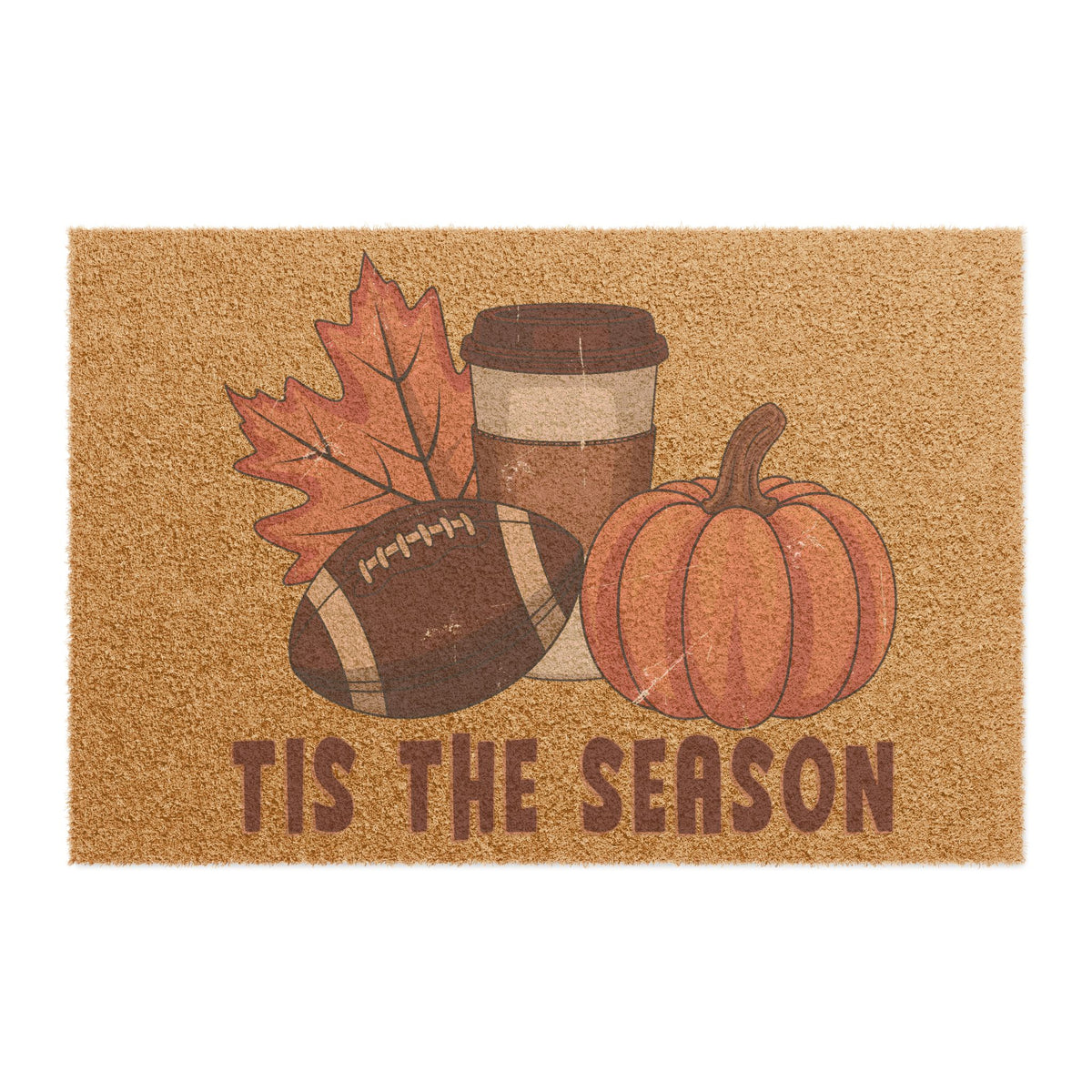 Fall Welcome Doormat - "Tis The Season" Pumpkin, Football & Coffee Entrance Mat