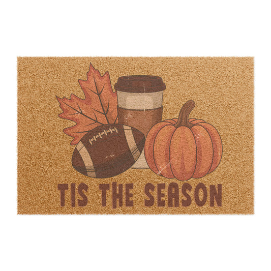 Fall Welcome Doormat - "Tis The Season" Pumpkin, Football & Coffee Entrance Mat