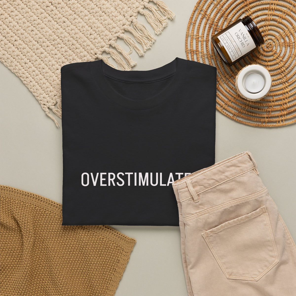 Overstimulated Graphic Tee — Minimal Text Black T-Shirt