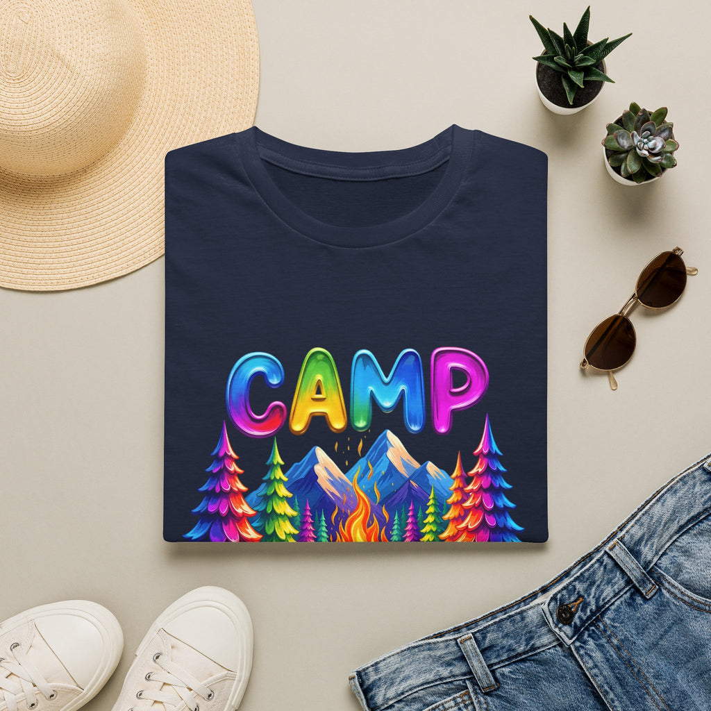 Camp Life colorful campsite T-Shirt | rainbow trees, mountains, campfire